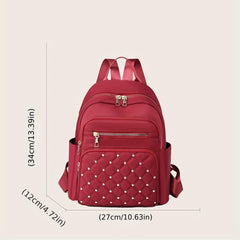 Studded Decor Backpack Women Argyle Quilted School Bag Nylon Travel Rucksack