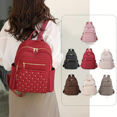 Studded Decor Backpack Women Argyle Quilted School Bag Nylon Travel Rucksack