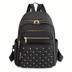 Studded Decor Backpack Women Argyle Quilted School Bag Nylon Travel Rucksack