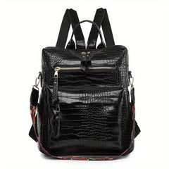 Crocodile Embossed Backpack Solid Zipper Rucksack Travel Daypack