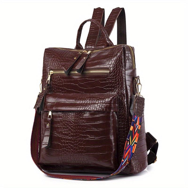 Crocodile Embossed Backpack Solid Zipper Rucksack Travel Daypack