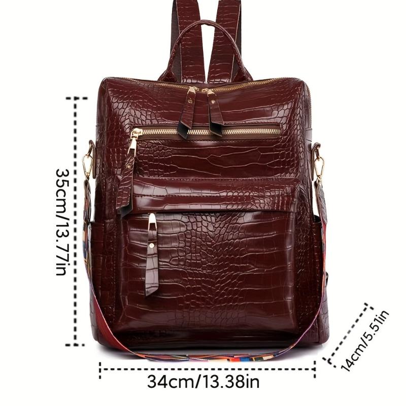 Crocodile Embossed Backpack Solid Zipper Rucksack Travel Daypack