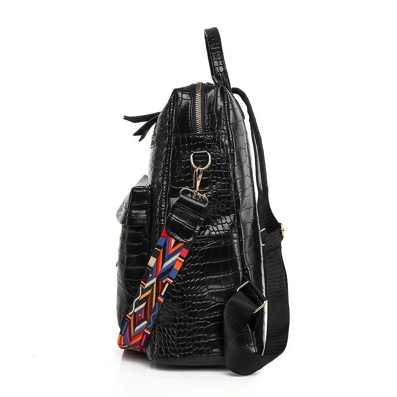 Crocodile Embossed Backpack Solid Zipper Rucksack Travel Daypack