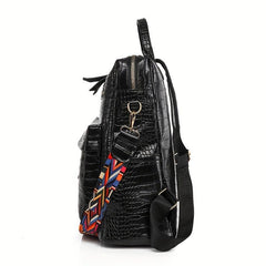 Crocodile Embossed Backpack Solid Zipper Rucksack Travel Daypack