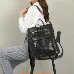Crocodile Embossed Backpack Solid Zipper Rucksack Travel Daypack
