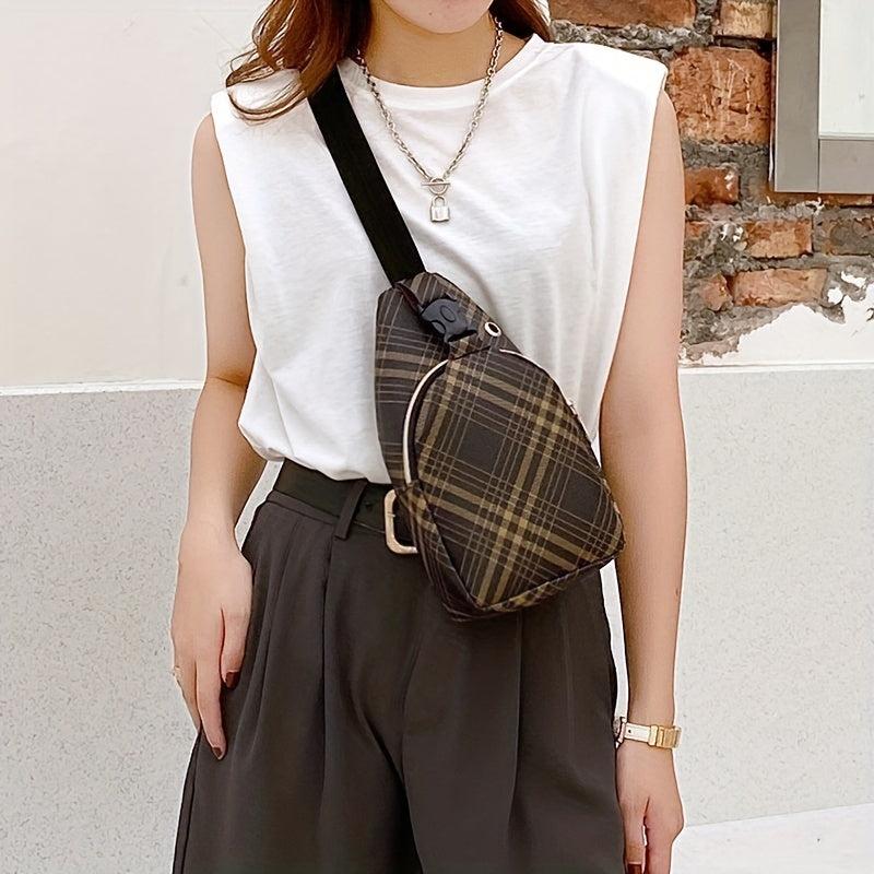 Plaid PU Leather Chest Bag Student Commuter Crossbody Bag Money Cell Phone Bag