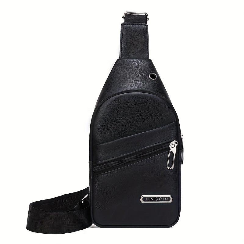 Men's Leather Crossbody Bag With Earphone Hole Chest Bag Large Capacity Satchel