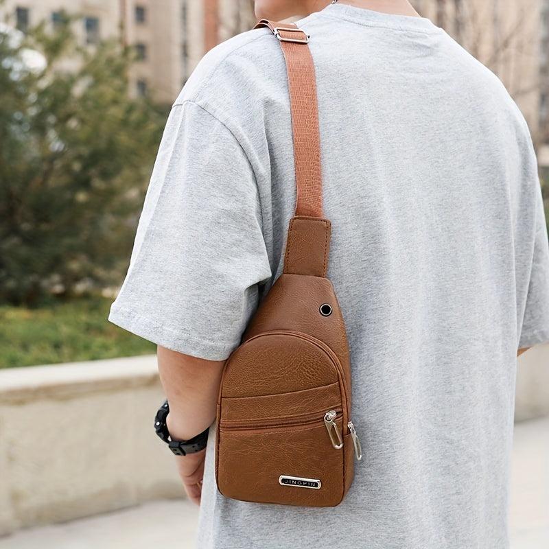 Men's Leather Crossbody Bag With Earphone Hole Chest Bag Large Capacity Satchel