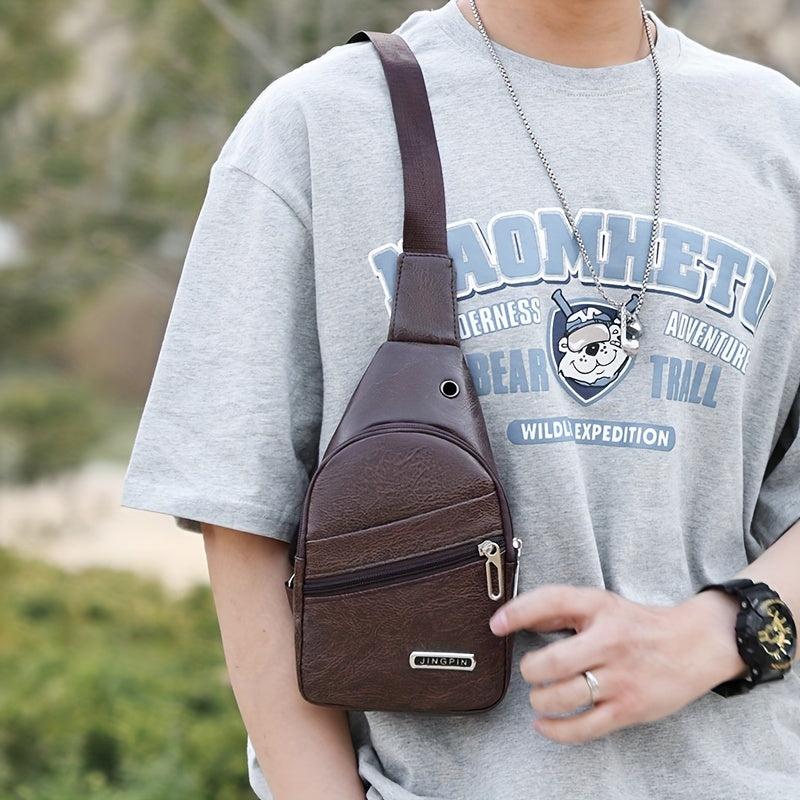 Men's Leather Crossbody Bag With Earphone Hole Chest Bag Large Capacity Satchel