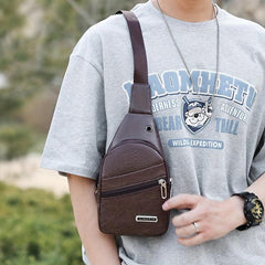 Men's Leather Crossbody Bag With Earphone Hole Chest Bag Large Capacity Satchel
