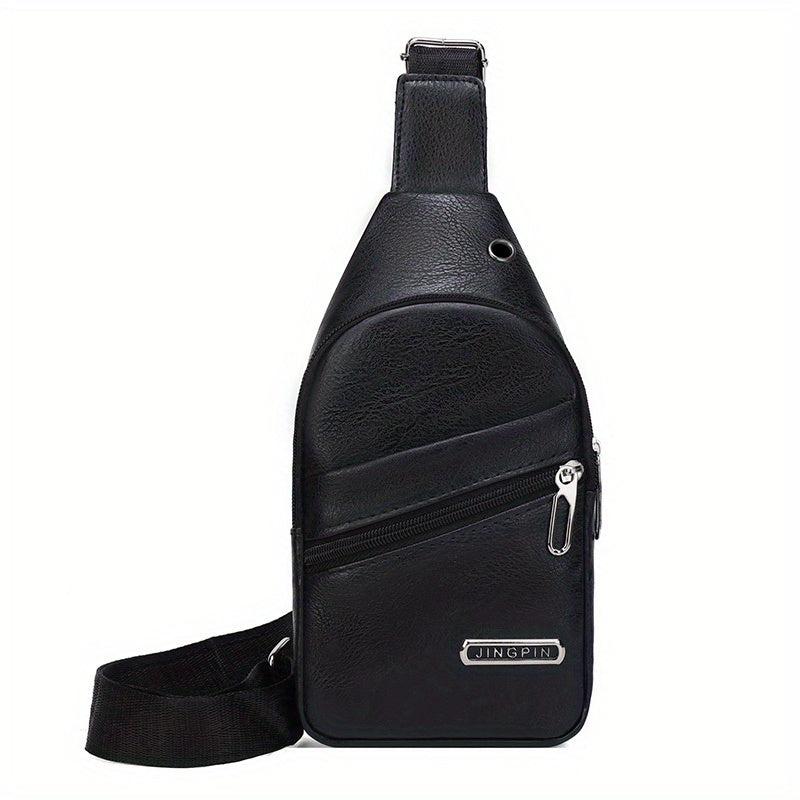 Men's Leather Crossbody Bag With Earphone Hole Chest Bag Large Capacity Satchel