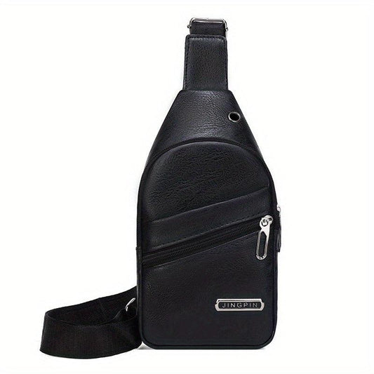 Men's Leather Crossbody Bag With Earphone Hole Chest Bag Large Capacity Satchel