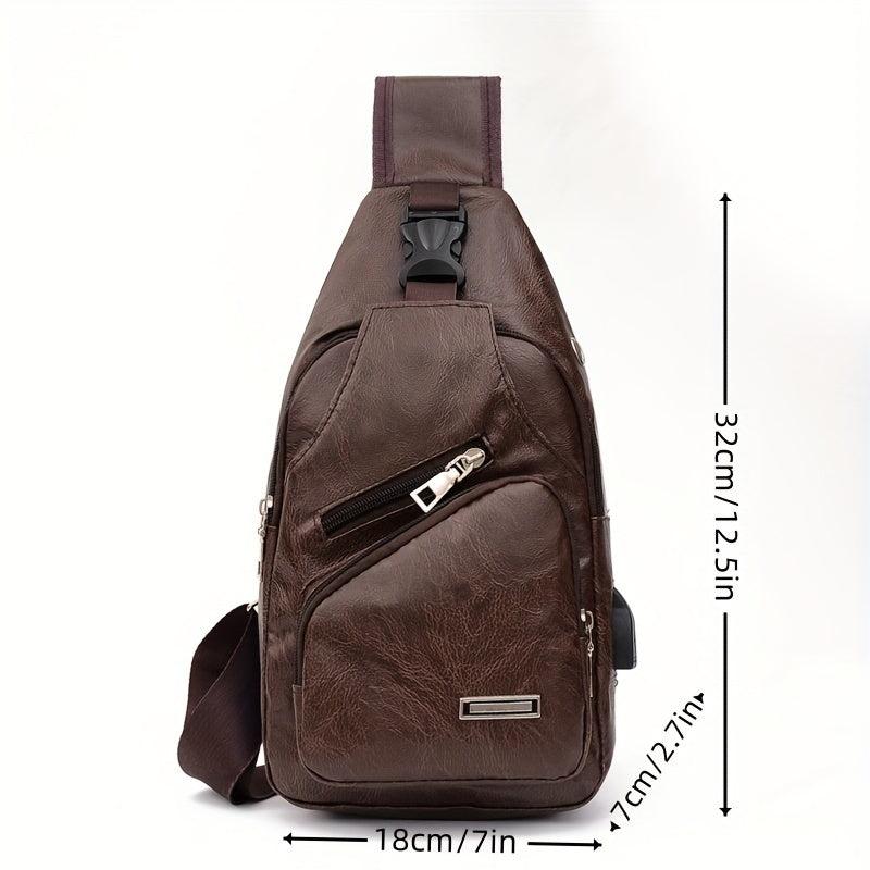 Men's PU Leather Shoulder Crossbody Bag with USB Charging Port