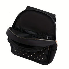 Studded Decor Flap Backpack Argyle Embroidery School Bag