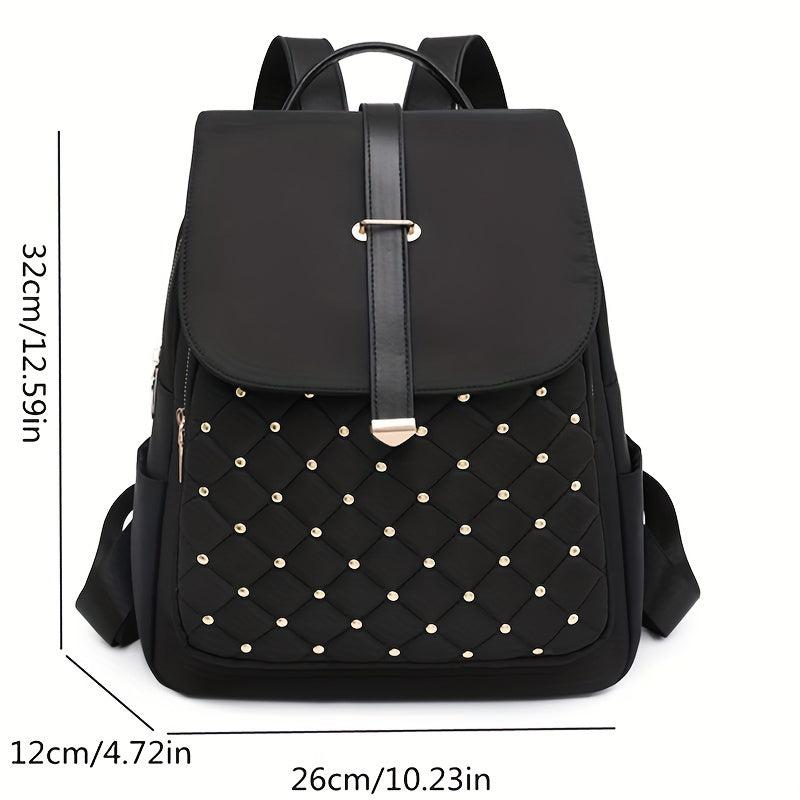 Studded Decor Flap Backpack Argyle Embroidery School Bag