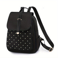 Studded Decor Flap Backpack Argyle Embroidery School Bag