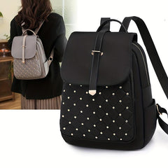 Studded Decor Flap Backpack Argyle Embroidery School Bag
