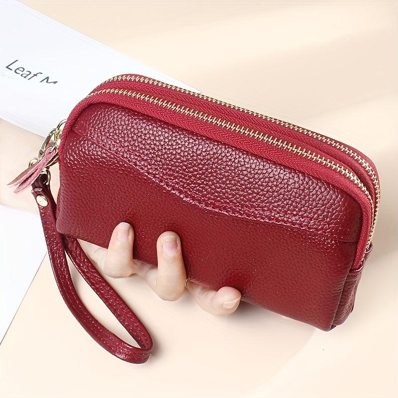 Cowhide Leather Double Zipper Long Wallet Mobile Phone Bag