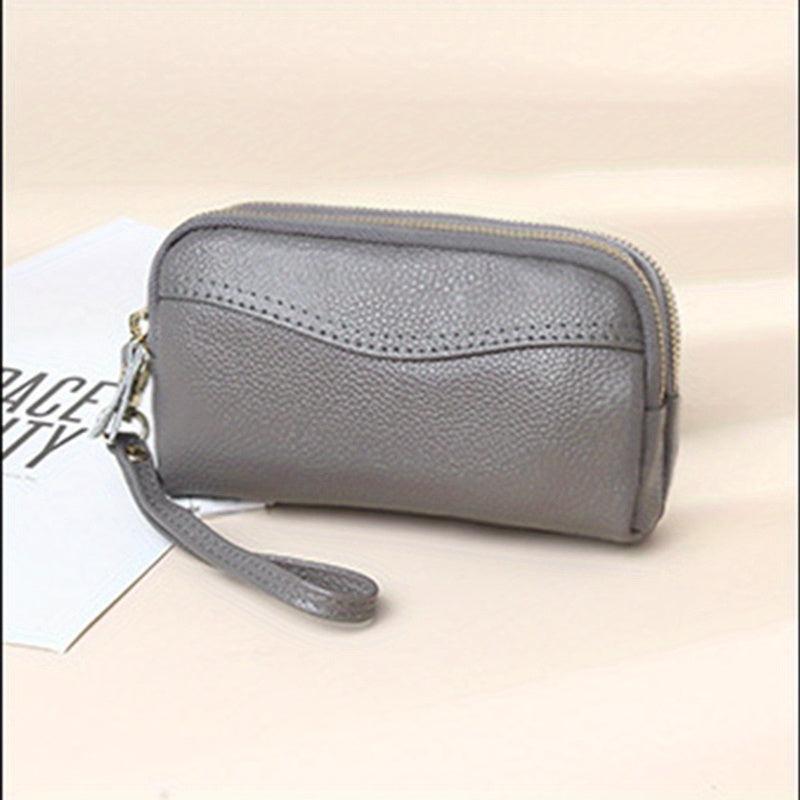 Cowhide Leather Double Zipper Long Wallet Mobile Phone Bag