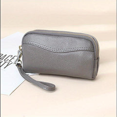 Cowhide Leather Double Zipper Long Wallet Mobile Phone Bag