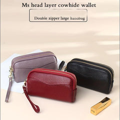 Cowhide Leather Double Zipper Long Wallet Mobile Phone Bag