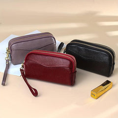 Cowhide Leather Double Zipper Long Wallet Mobile Phone Bag