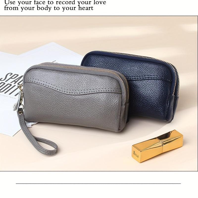 Cowhide Leather Double Zipper Long Wallet Mobile Phone Bag