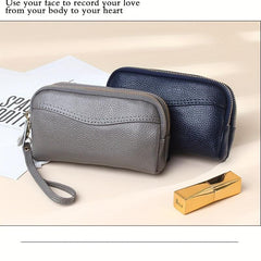 Cowhide Leather Double Zipper Long Wallet Mobile Phone Bag