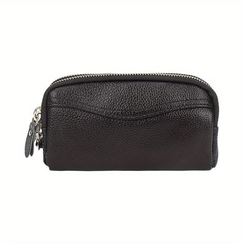 Cowhide Leather Double Zipper Long Wallet Mobile Phone Bag