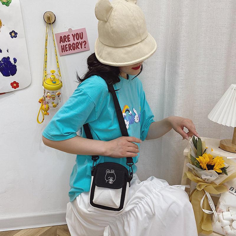 Canvas Women's Phone Bag Cartoon Printed Shoulder Messenger Bag