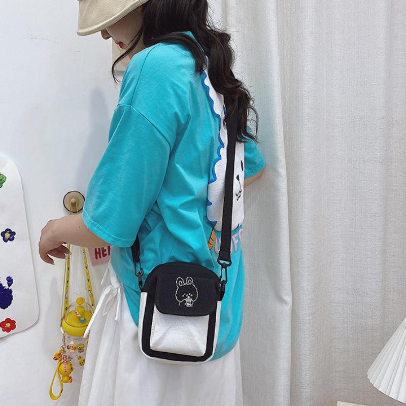 Canvas Women's Phone Bag Cartoon Printed Shoulder Messenger Bag