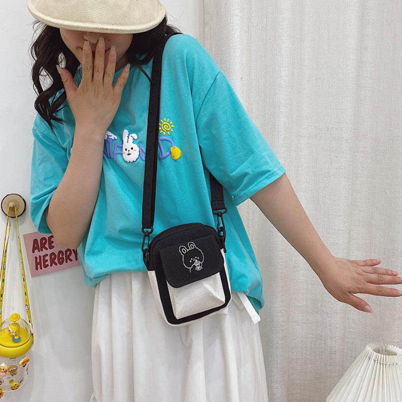 Canvas Women's Phone Bag Cartoon Printed Shoulder Messenger Bag