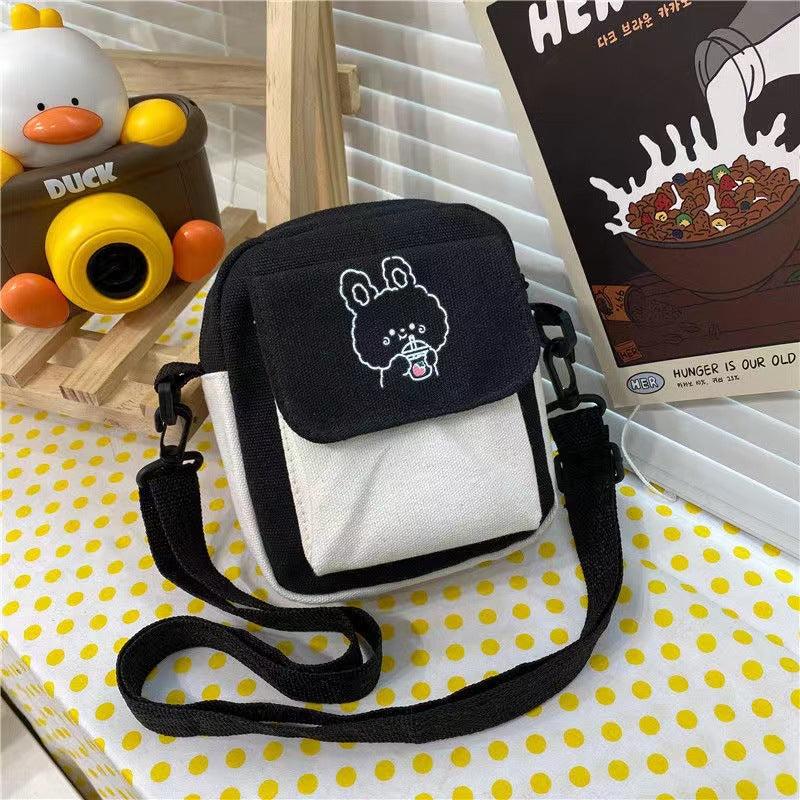 Canvas Women's Phone Bag Cartoon Printed Shoulder Messenger Bag