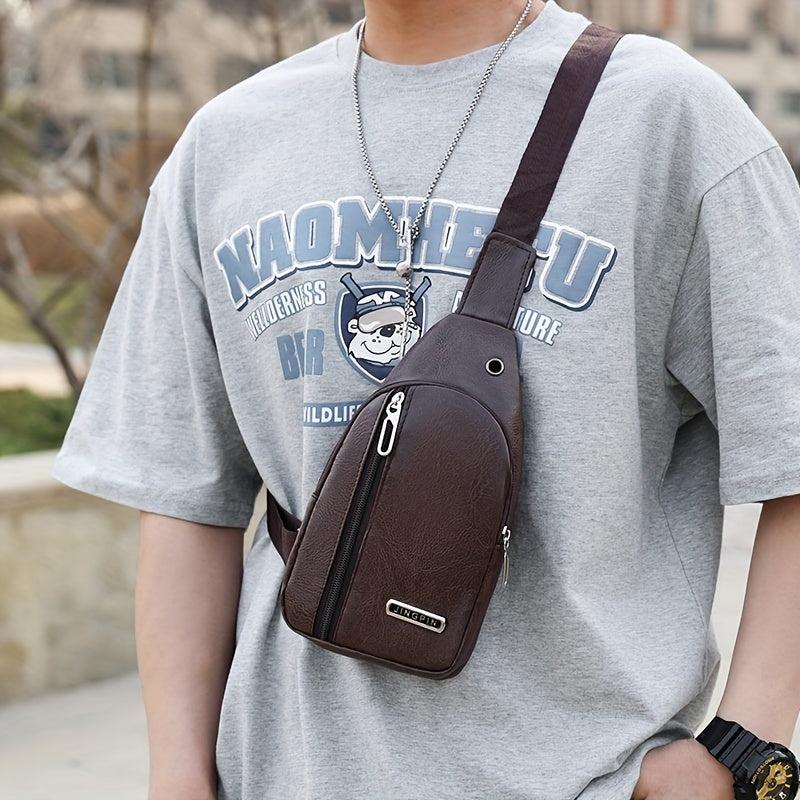Men's Crossbody Bag w/ Earphone Hole Multifunction Diagonal Shoulder Bag