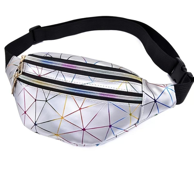 Silver Rhombus PU Leather Waist Bag Outdoor Casual Chest Bag