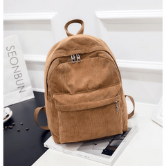 Solid Corduroy Zipper Backpack for School