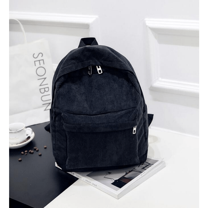 Solid Corduroy Zipper Backpack for School