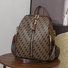 Checkered Waterproof Backpack Classic PU Leather Shoulder Bag