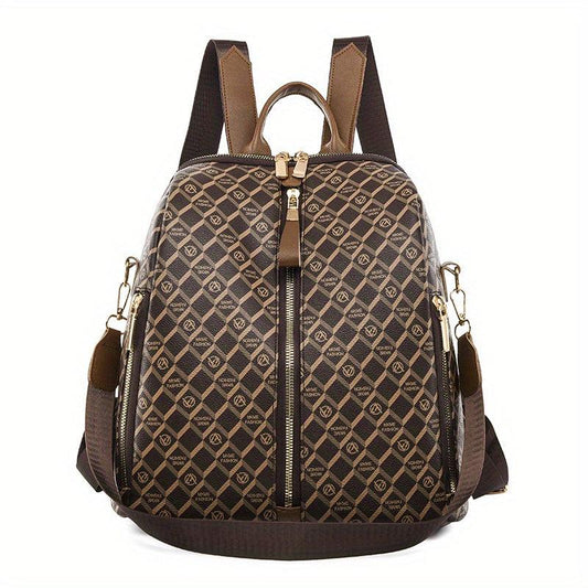 Checkered Waterproof Backpack Classic PU Leather Shoulder Bag