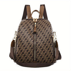 Checkered Waterproof Backpack Classic PU Leather Shoulder Bag