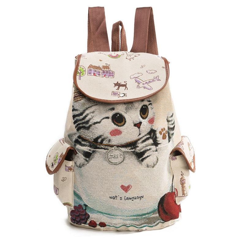 Cat Pattern Flap Backpack Animal Print Bookbag For Students