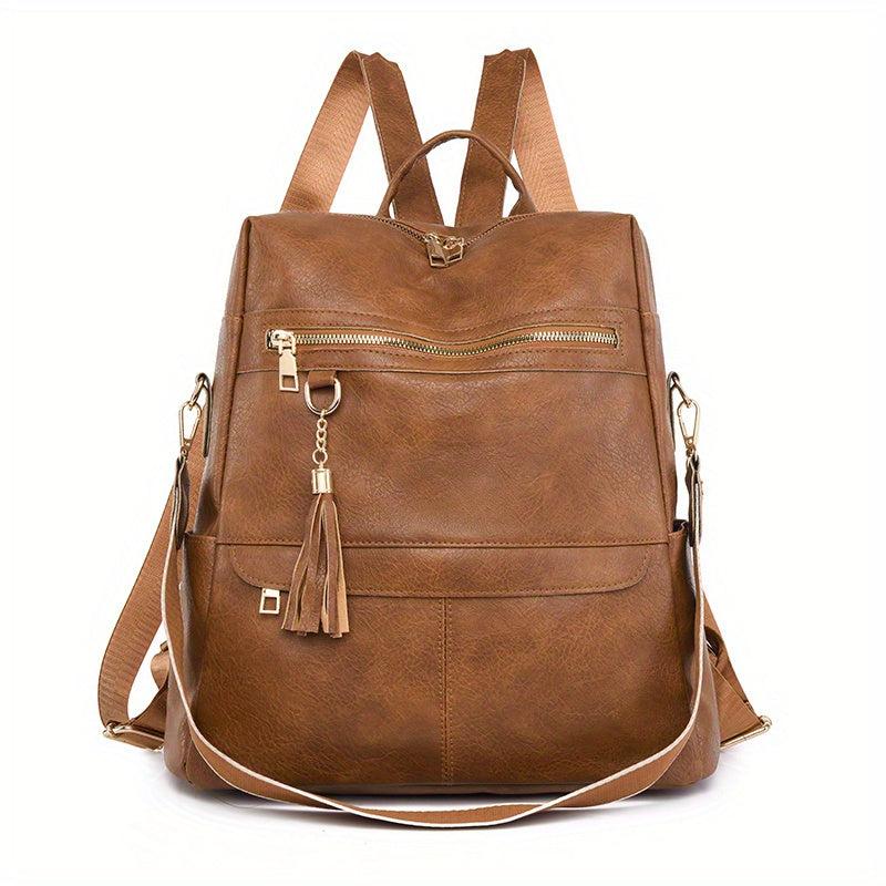 Solid Backpack Purse Casual Shoulder Bag Tassel Travel Schoolbag