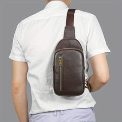 Men's Leather Sling Bag Backpack Outdoor Daypack Chest Pack Coffee