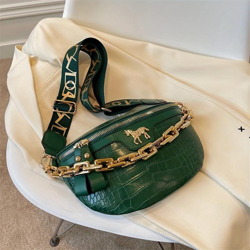Crocodile Pattern PU Leather Chest Bag Chain Decor Shoulder Bag