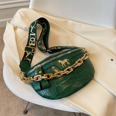 Crocodile Pattern PU Leather Chest Bag Chain Decor Shoulder Bag