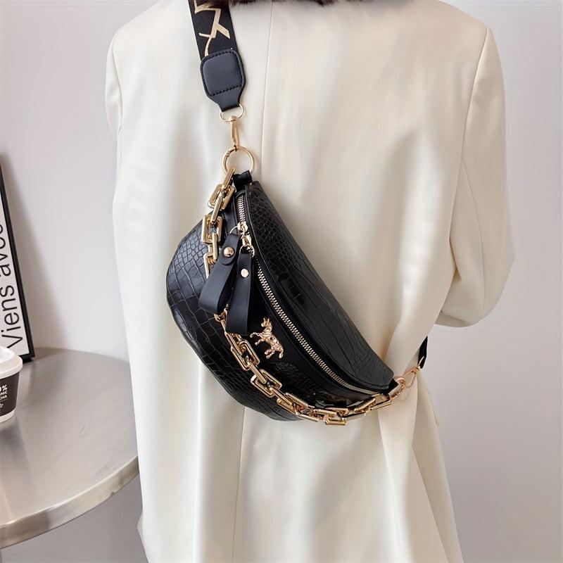 Crocodile Pattern PU Leather Chest Bag Chain Decor Shoulder Bag