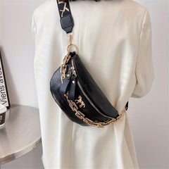 Crocodile Pattern PU Leather Chest Bag Chain Decor Shoulder Bag