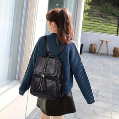 Women's Flap Backpack Tassel Decor PU Daypack Casual Travel School Bag