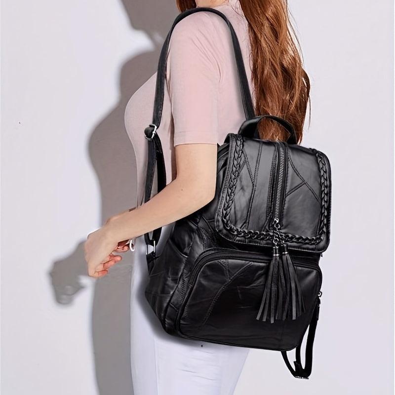 Women's Flap Backpack Tassel Decor PU Daypack Casual Travel School Bag