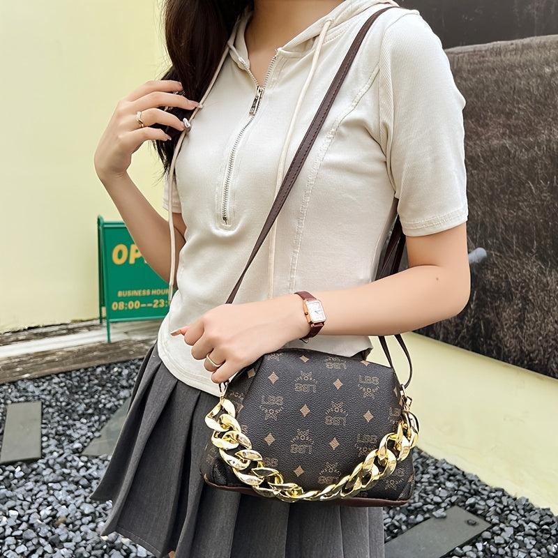Vintage Printed Crossbody Bag Stylish Messenger Bag with Chain Handle